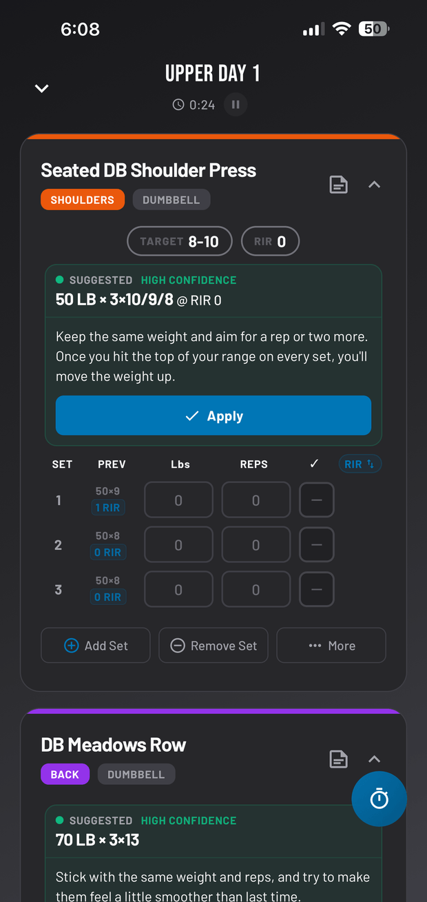 A Cornerstone workout showing the suggested next weight and reps above the set log