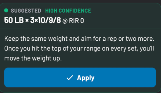 A Cornerstone suggestion that recommends the next set and explains why